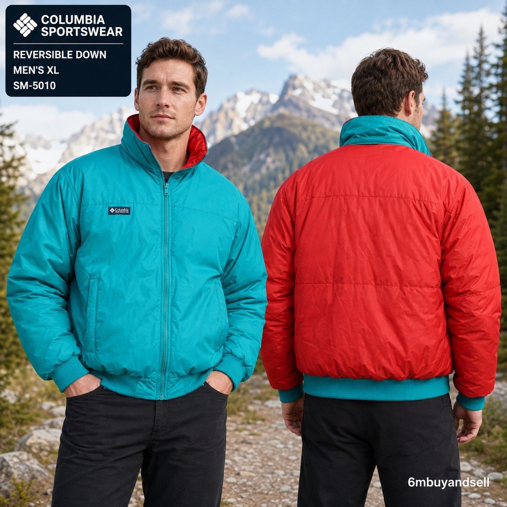 Vintage Columbia Reversible Down Puffer‎ Jacket Teal Red XL SM-5010 Mens Bomber